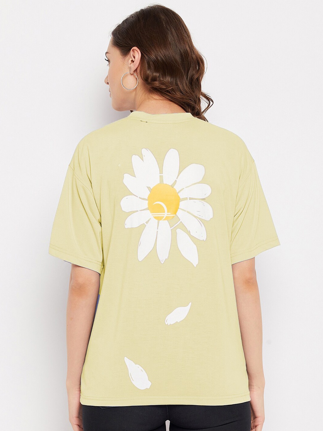 

FRENCH FLEXIOUS Floral Printed Drop-Shoulder Sleeves Cotton Loose T-shirt, Yellow