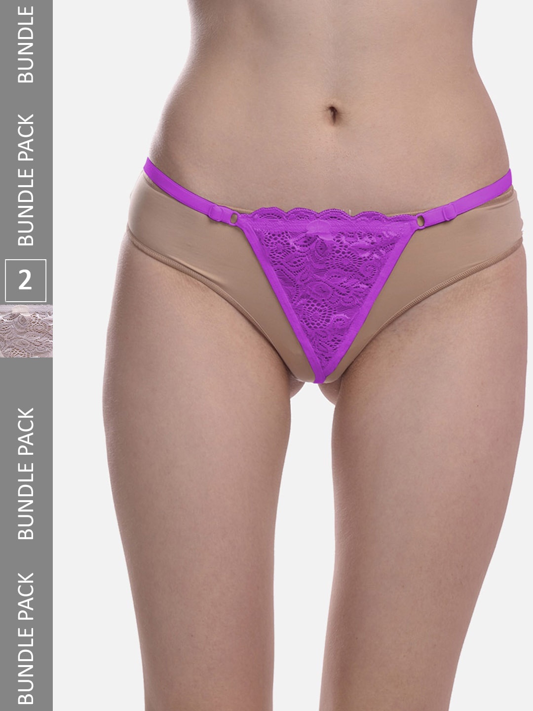 

FIMS Women Pack Of 2 Self Design Laced G-String Thong Briefs, White