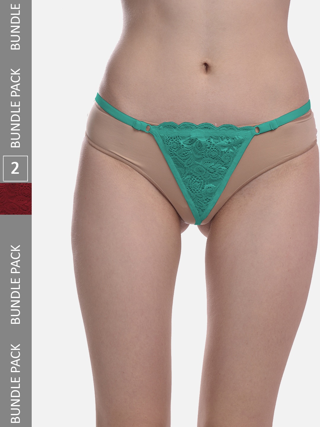 FIMS Women Pack of 2 Floral Designed G-String Thong Briefs, Green