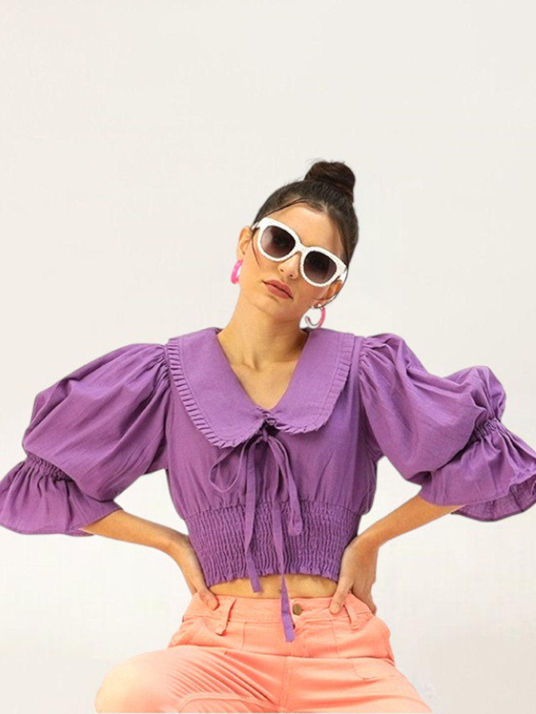 

The Dry State Tie-Up Neck Puff Sleeves Victorian Cotton Top, Purple