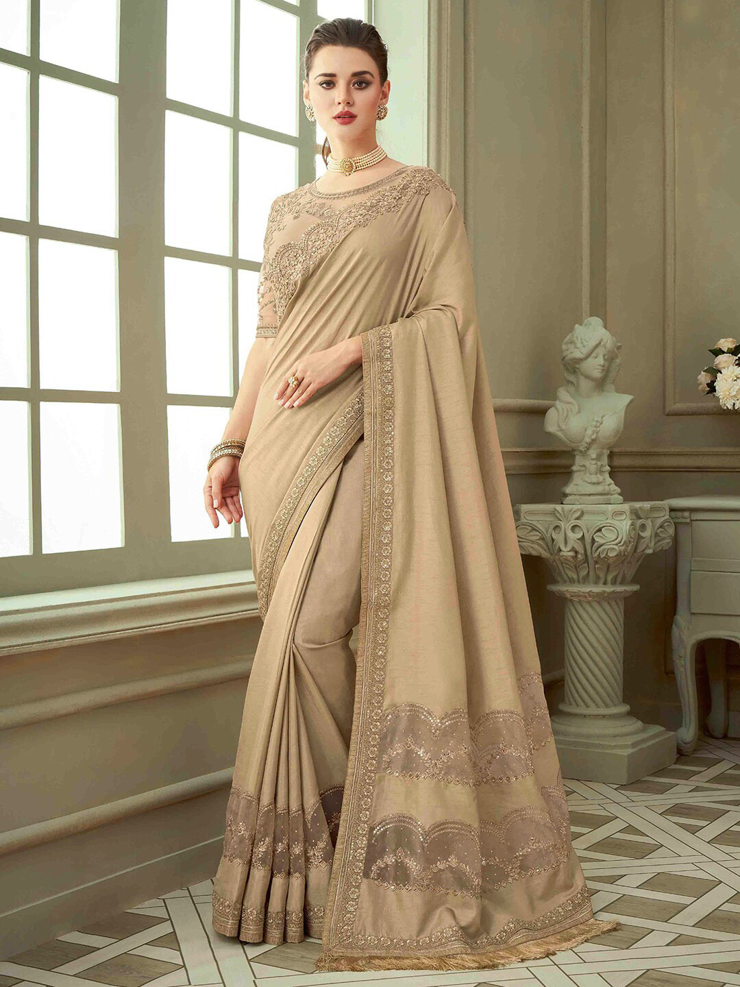 

Satrani Sequinned Embroidered Art Silk Saree, Beige