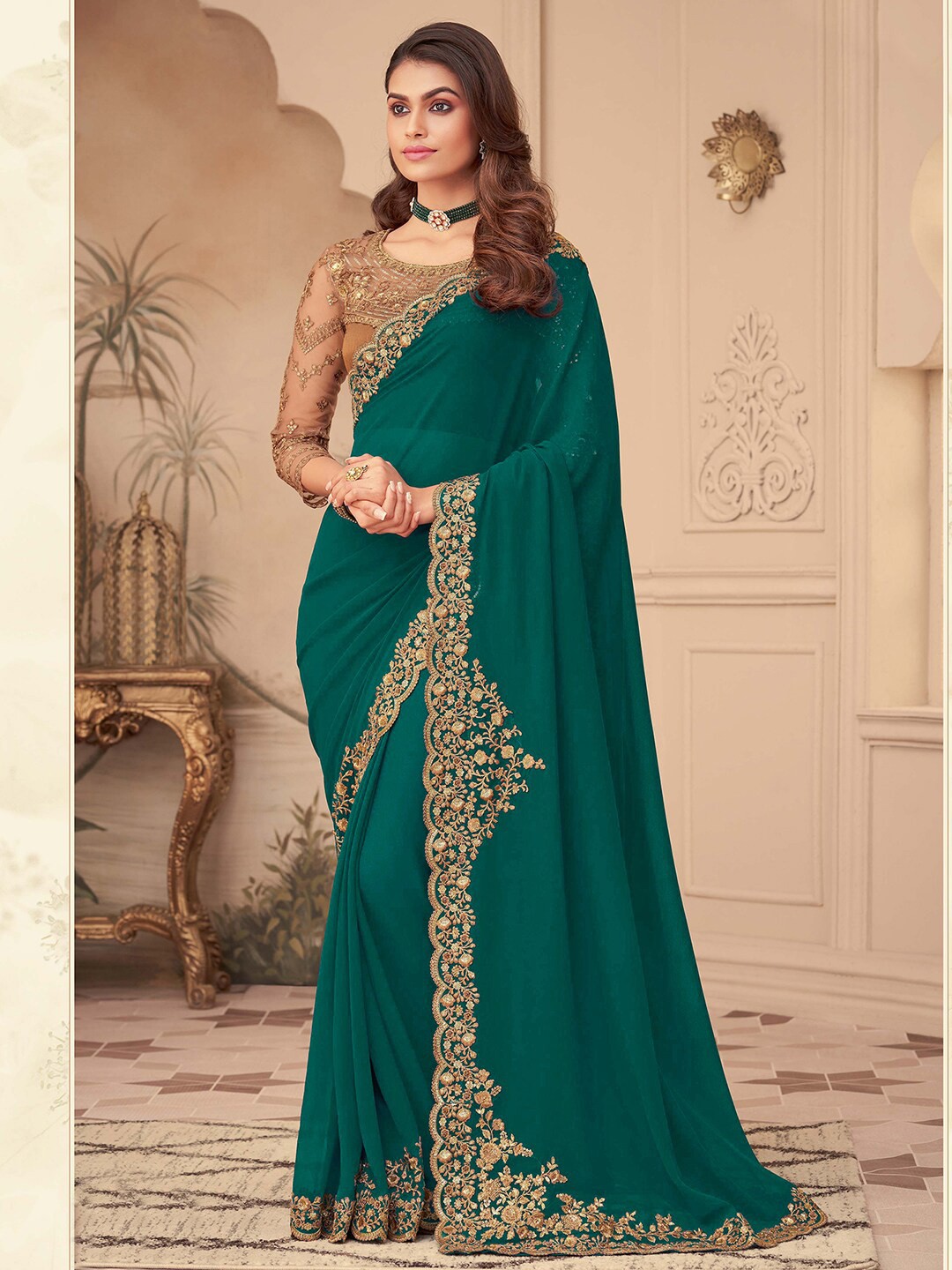 

Satrani Sequence Embroidered Pure Georgette Saree, Green
