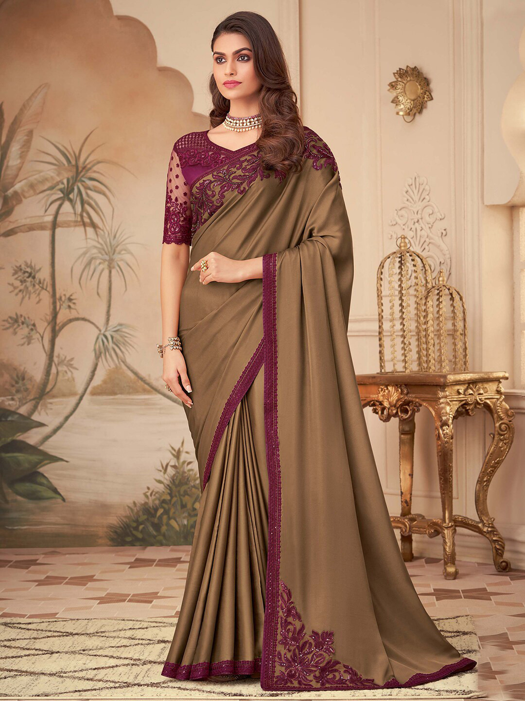 

Satrani Embroidered Sequinned Satin Saree, Beige