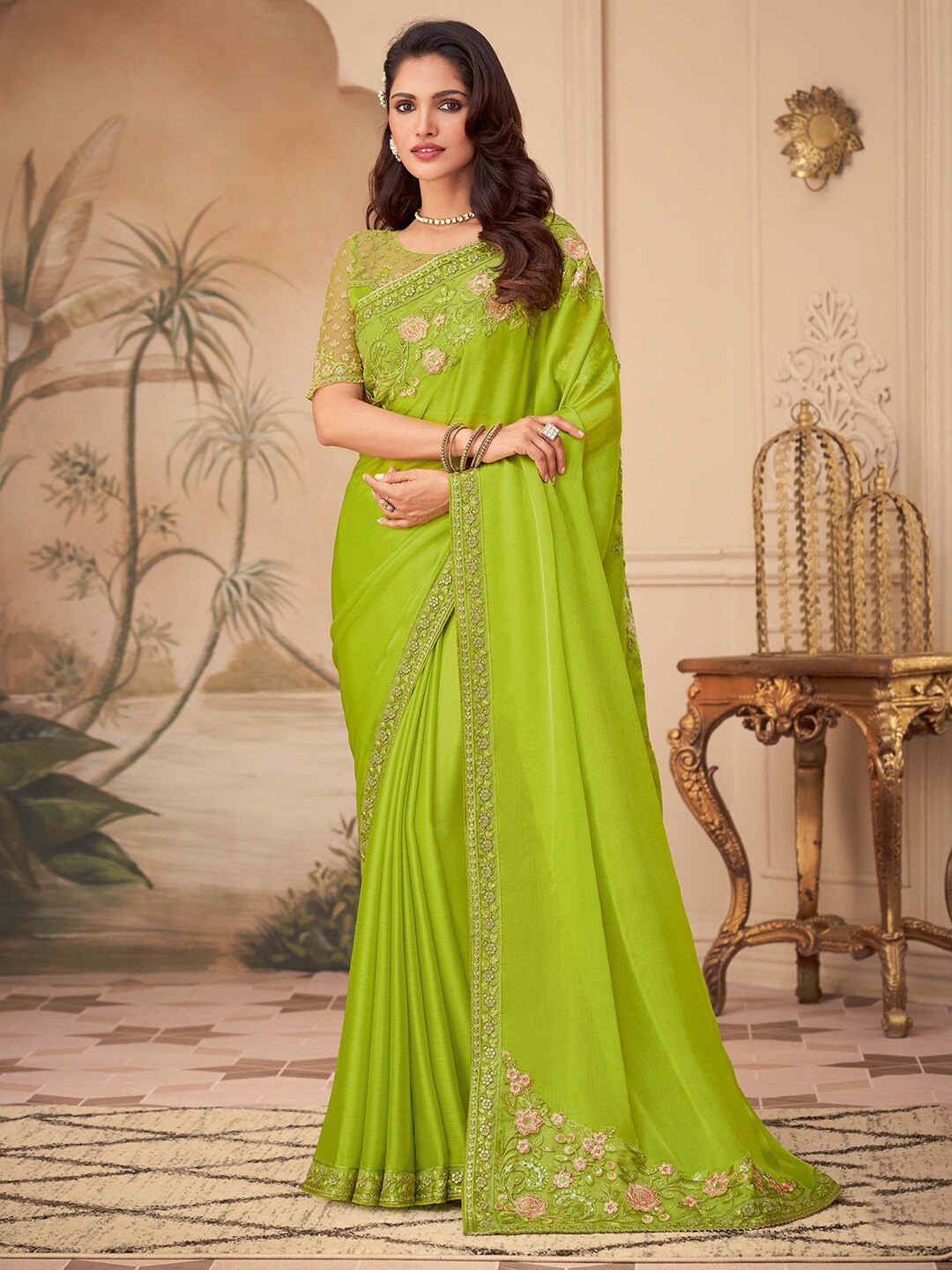 

Satrani Embellished Sequinned Pure Chiffon Saree, Green