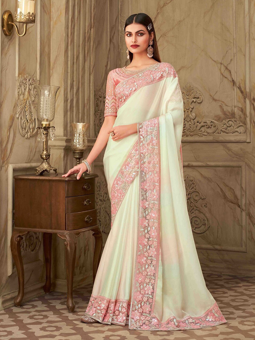 

Satrani Embellished Sequinned Satin Saree, Cream