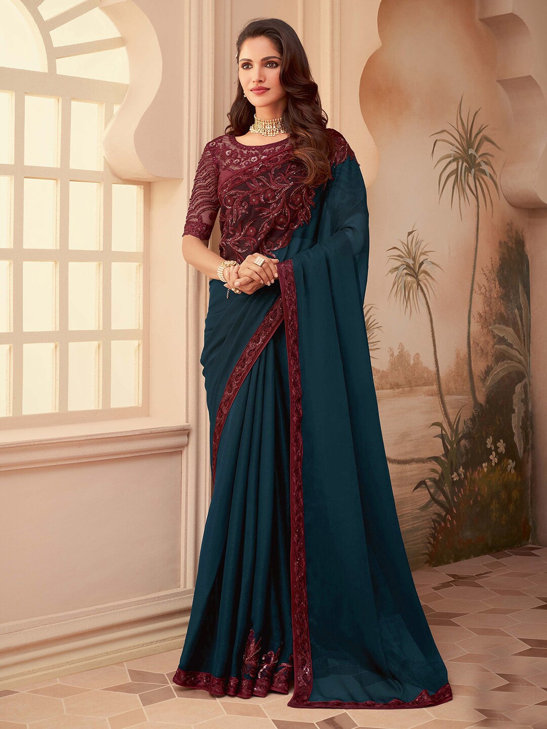 

Satrani Embroidered Pure Chiffon Saree, Teal