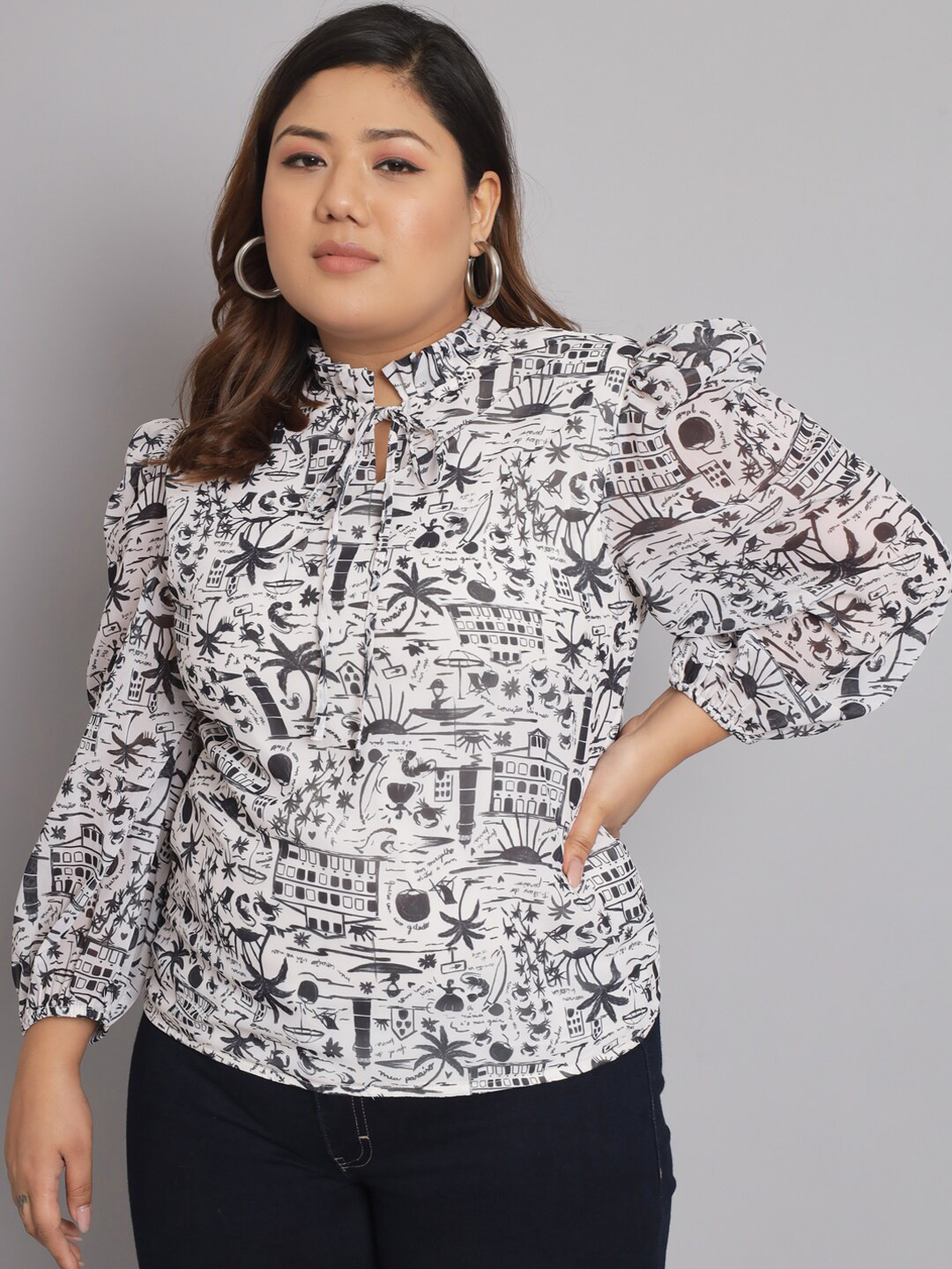 

BEYOUND SIZE - THE DRY STATE Plus Size Printed Tie-Up Neck Top, Off white
