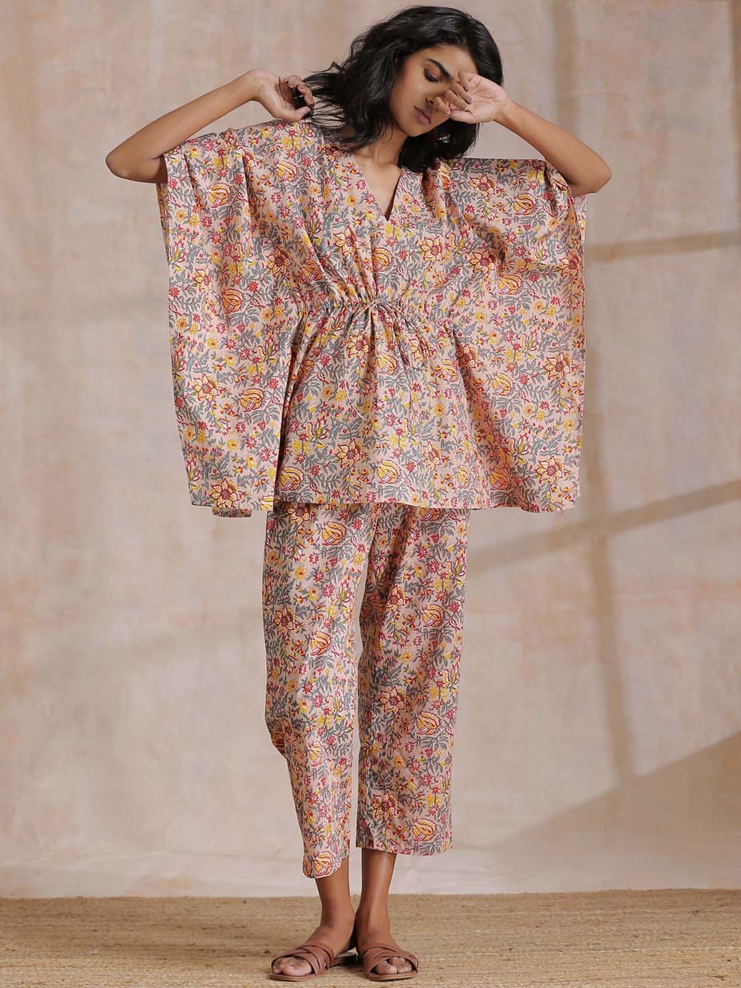 

trueBrowns Printed Pure Cotton Kaftan Top With Trouser Co-Ords Set, Beige
