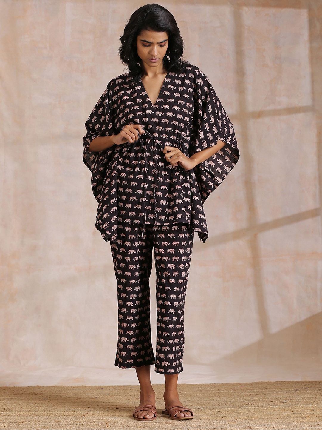 

trueBrowns Elephant Printed Pure Cotton Kaftan Top With Trouser Co-Ords, Black