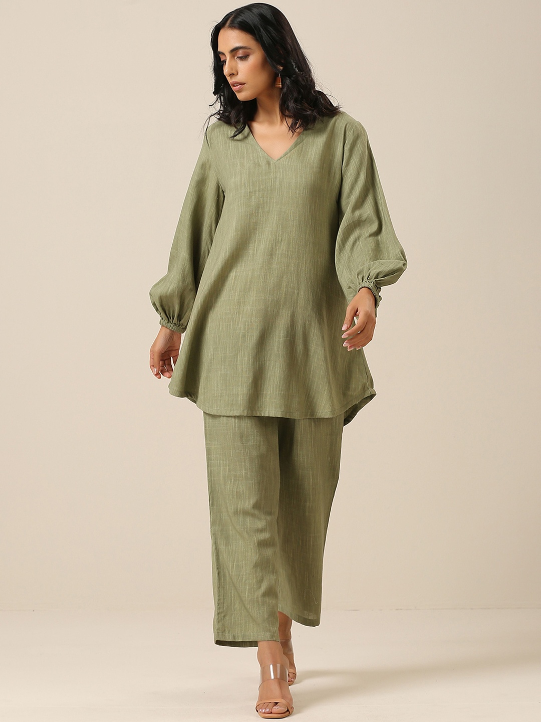 

trueBrowns Self Design Short Cotton Tunic With Trouser Co-Ords, Green