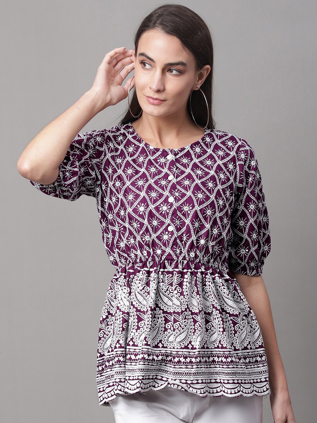

JAINISH Round Neck Ethnic Motifs Chikankari Embroidered Cinched Waist Top, Purple