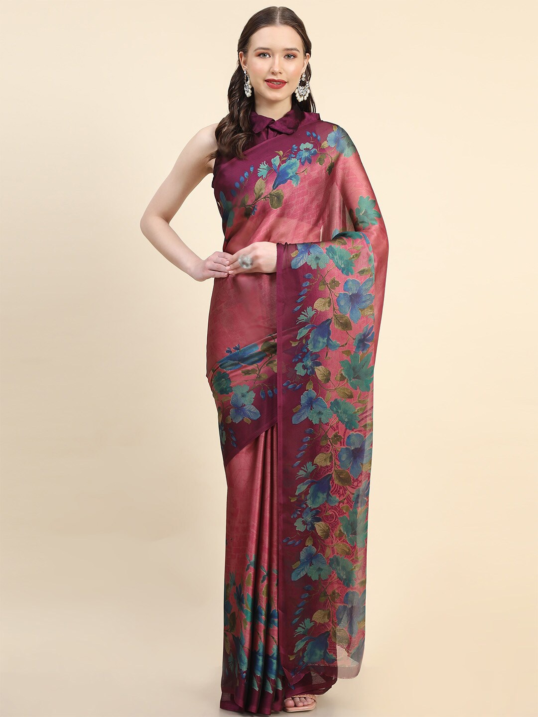

Leeza Store Floral Printed Saree, Pink