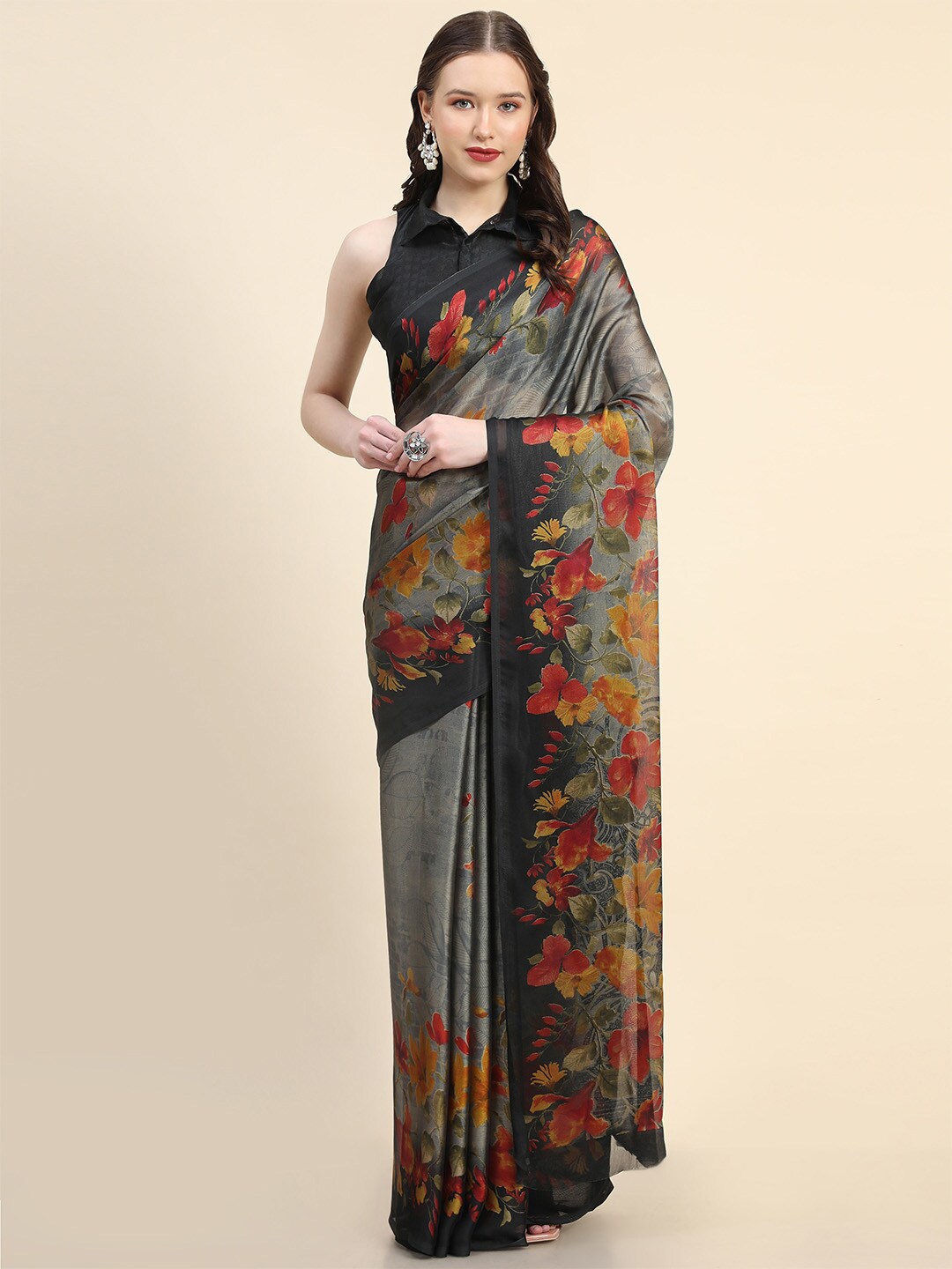 

Leeza Store Floral Printed Saree, Grey