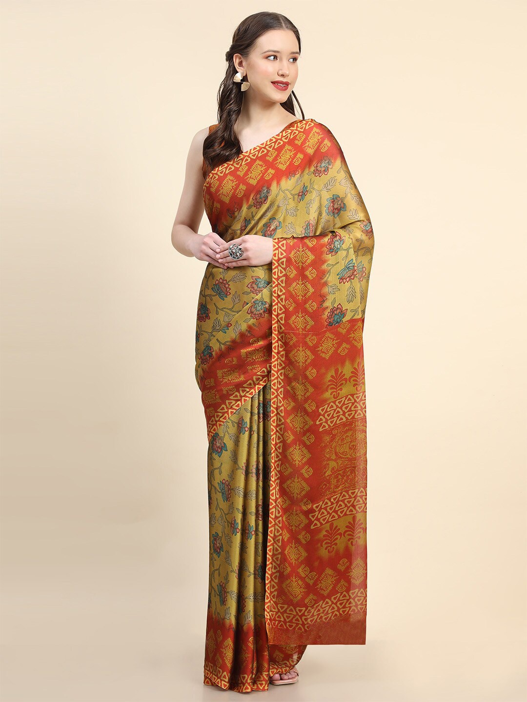 

Leeza Store Floral Printed Saree, Gold