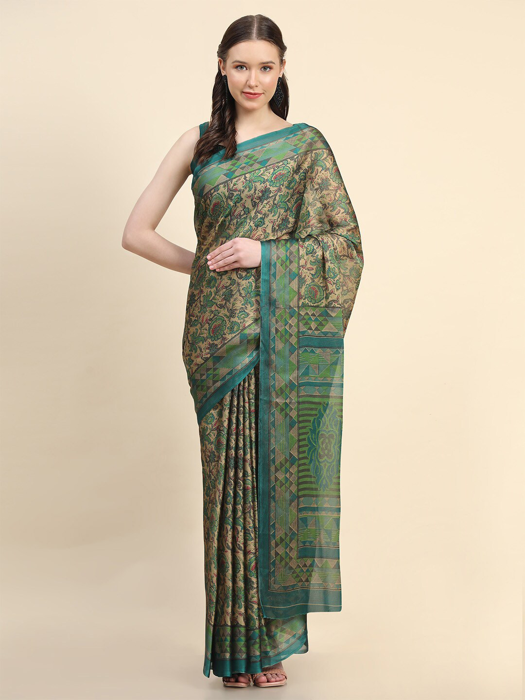 

Leeza Store Floral Printed Chiffon Saree, Teal