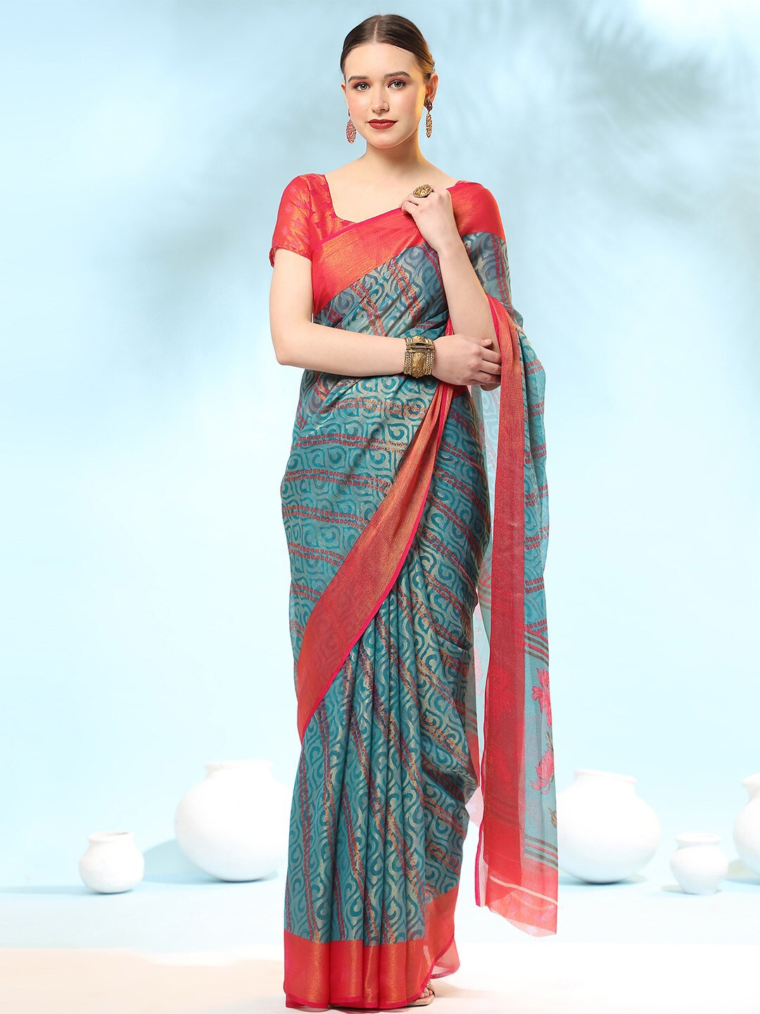 

Leeza Store Ethnic Motifs Printed Zari Chiffon Saree, Blue