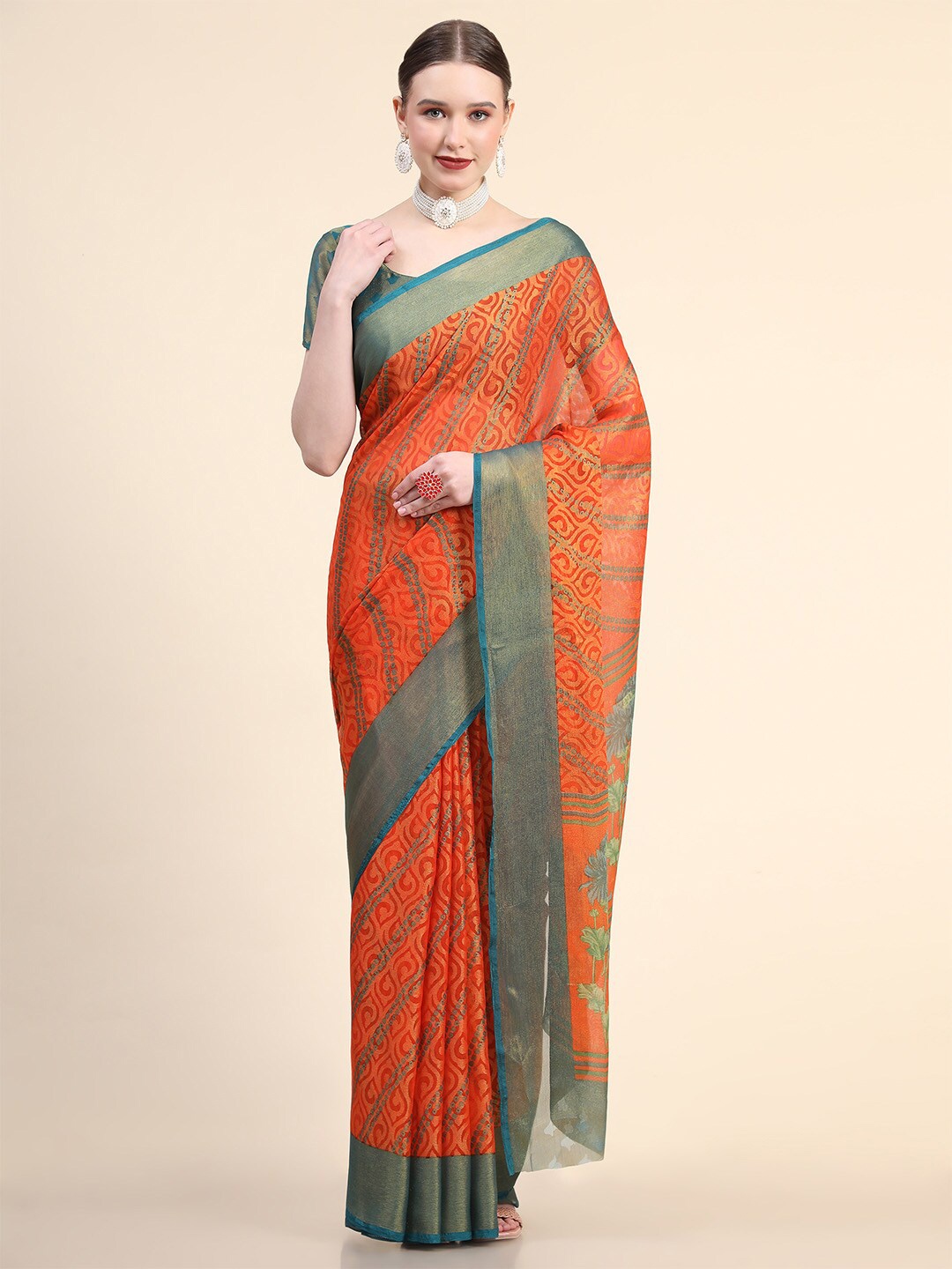 

Leeza Store Bandhani Printed Zari Saree, Orange