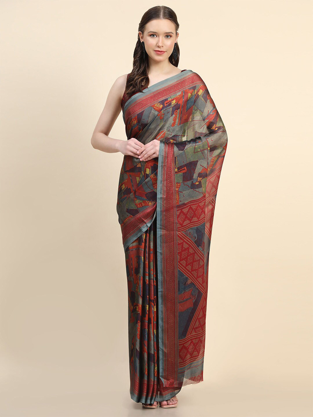 

Leeza Store Abstract Printed Saree, Grey
