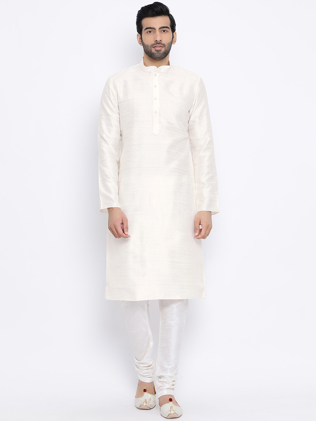 

NAMASKAR Mandarin Collar Pure Silk Kurta, Off white