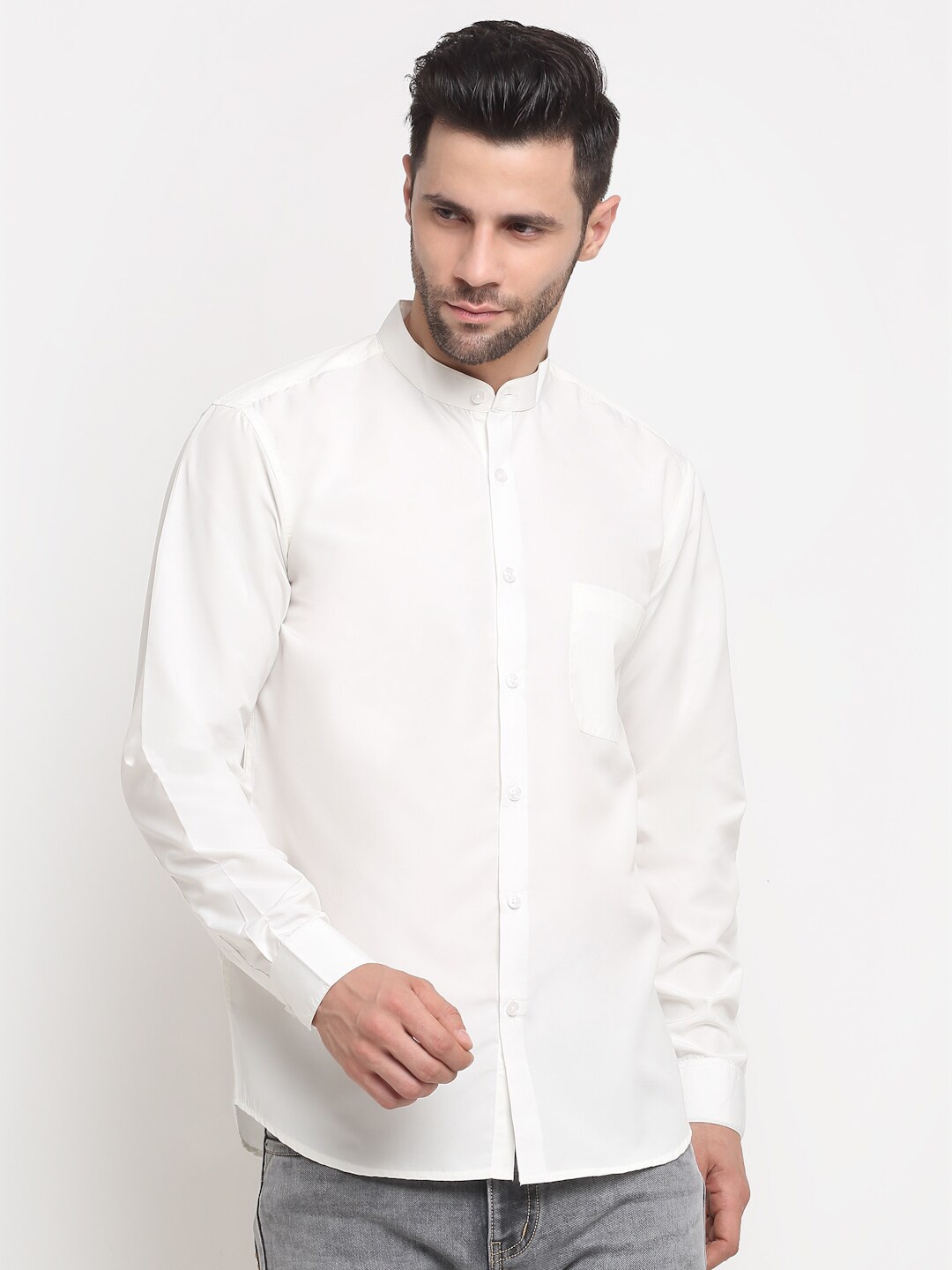 

NEUDIS Mandarin Collar Patch Pocket Classic Casual Shirt, White