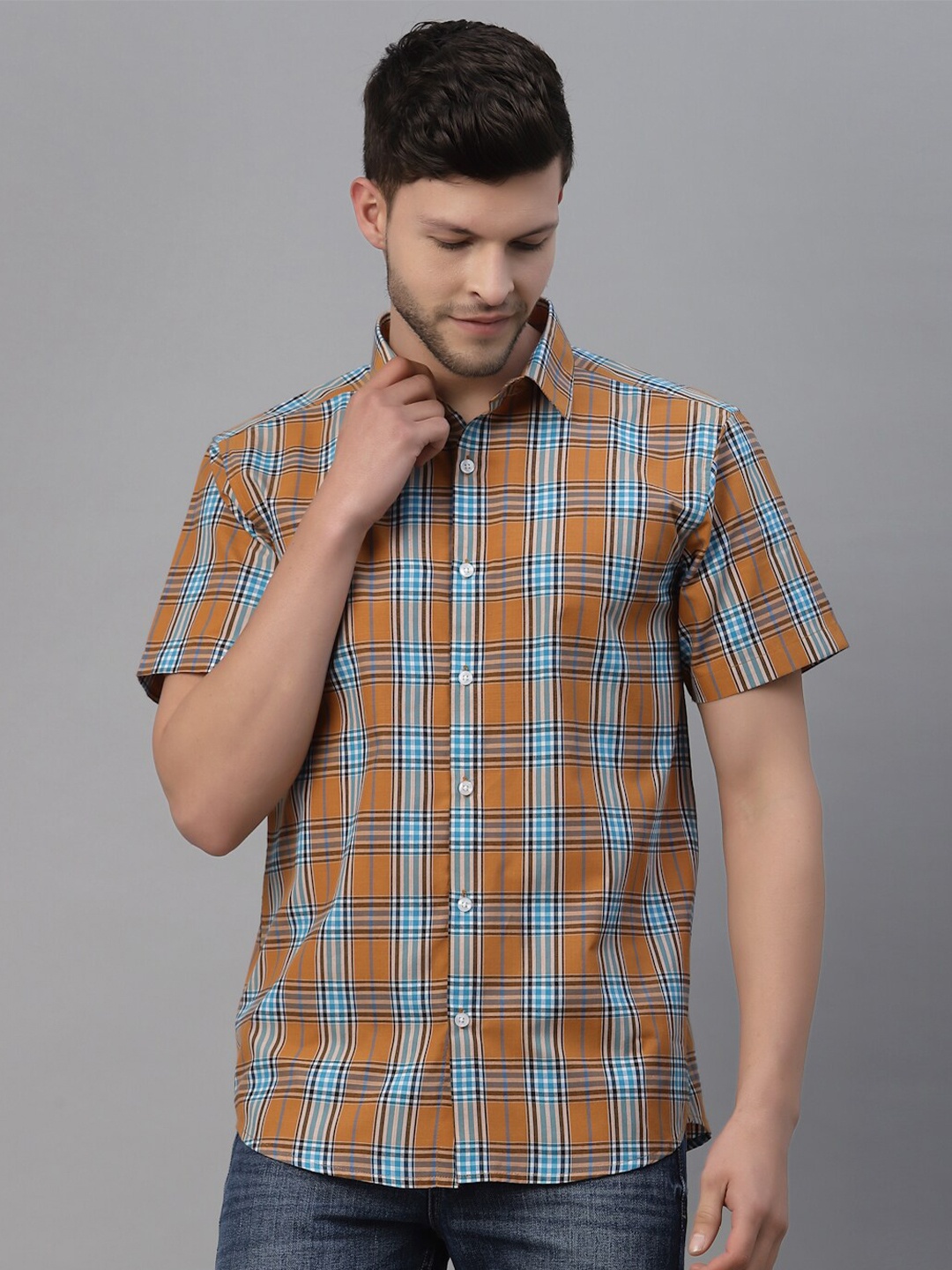 

NEUDIS Short Sleeves Classic Tartan Checked Casual Shirt, Mustard