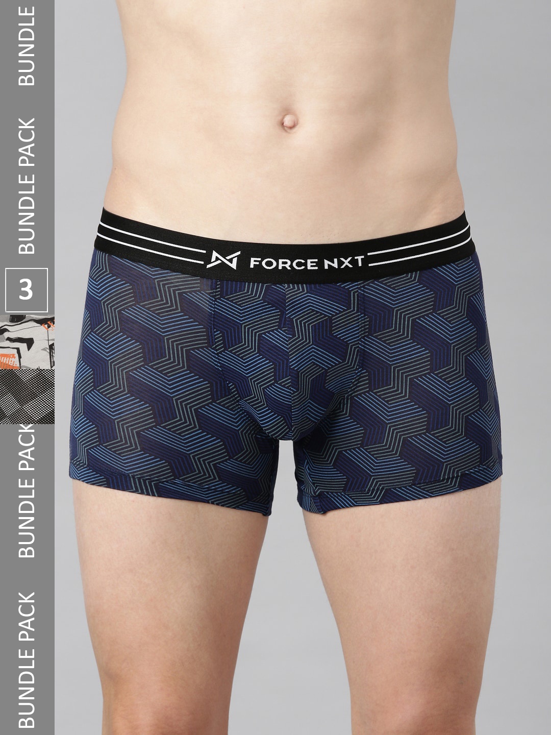 

Force NXT Pack Of 3 Printed Ultra Fresh Technology Outer Elastic Cotton Trunks, Navy blue
