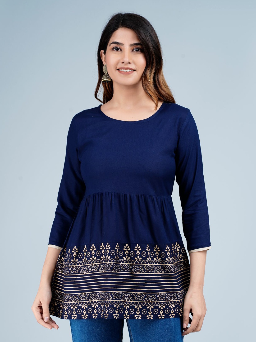 

Lovista Ethinic Motifs Foil Printed Peplum Top, Navy blue