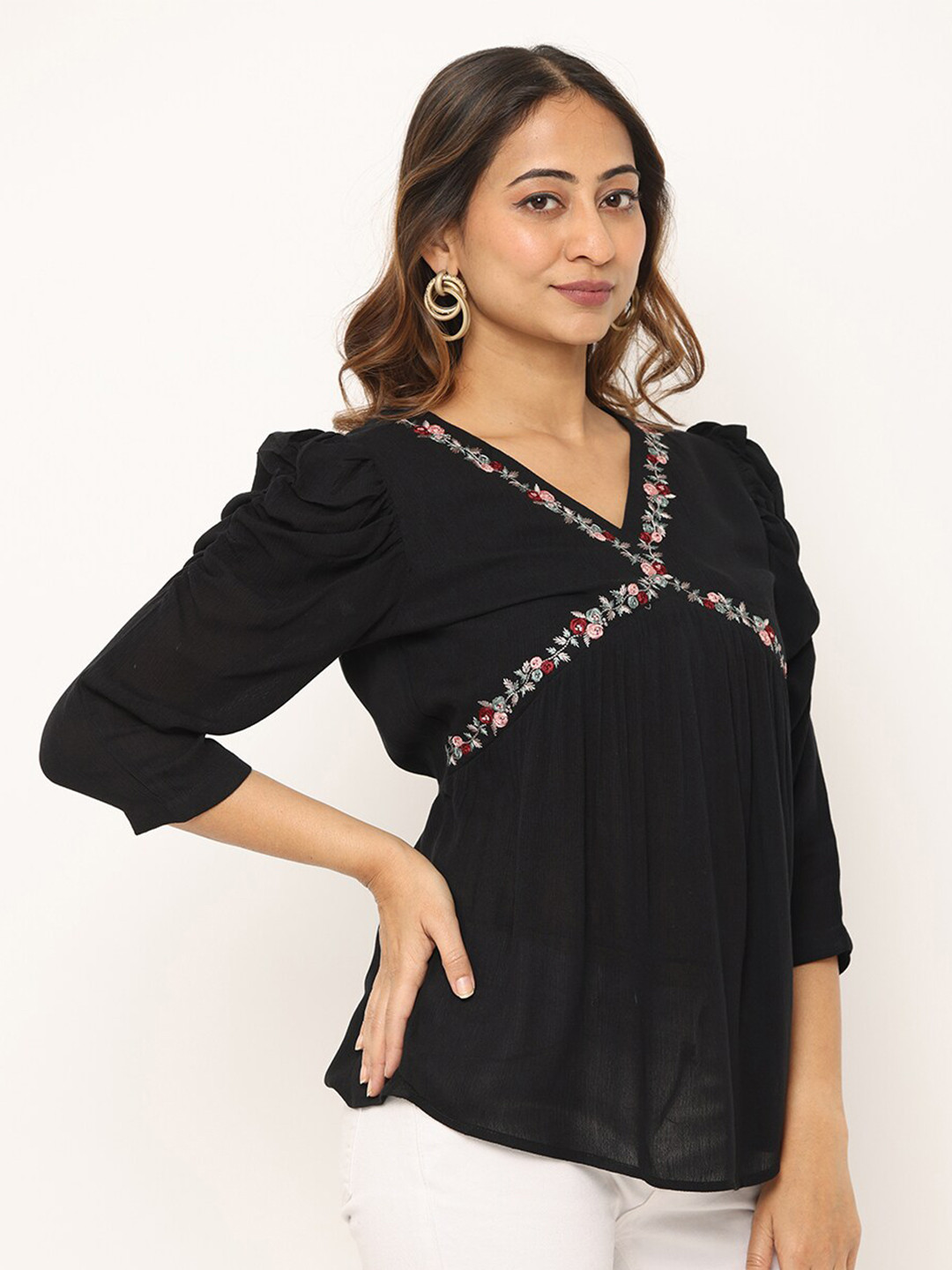 

GLORY & I Floral Embroidered A-Line Top, Black