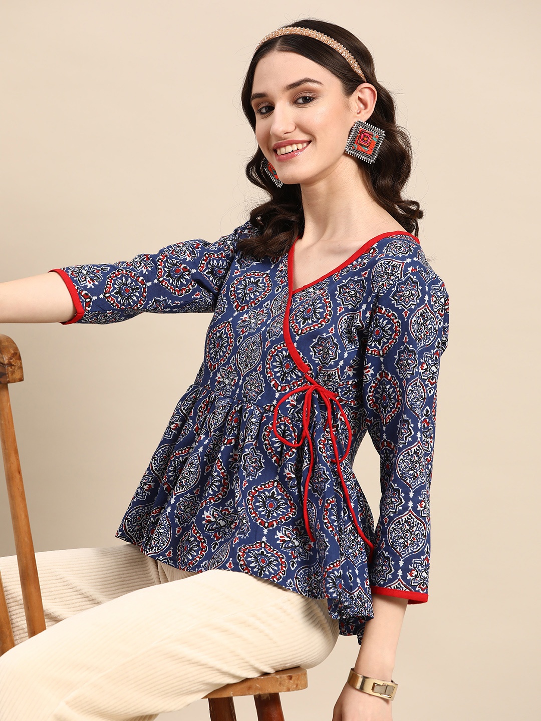 Sangria Floral Print Wrap Top, Blue