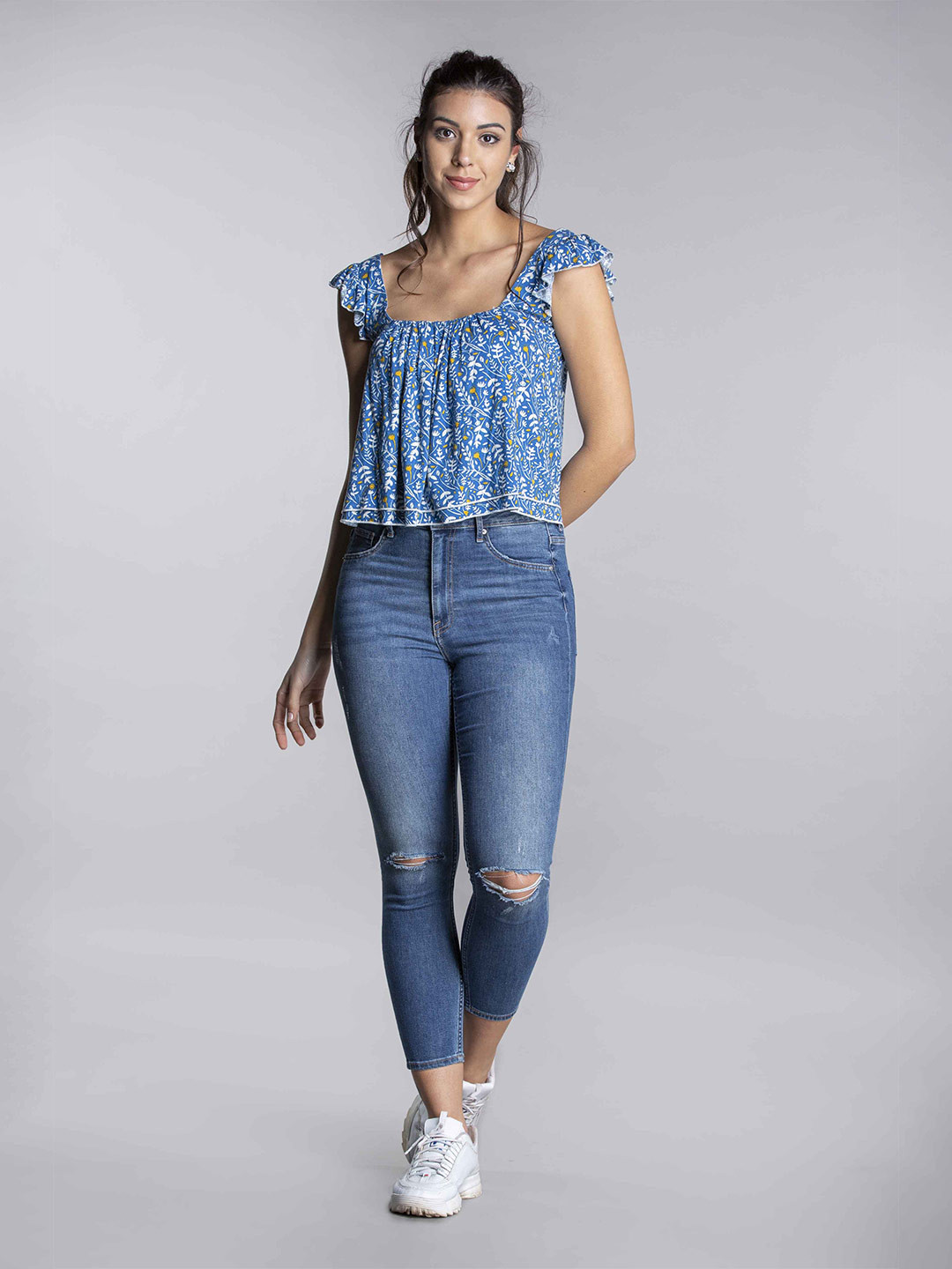 

MKOAL Blue Floral Print Top