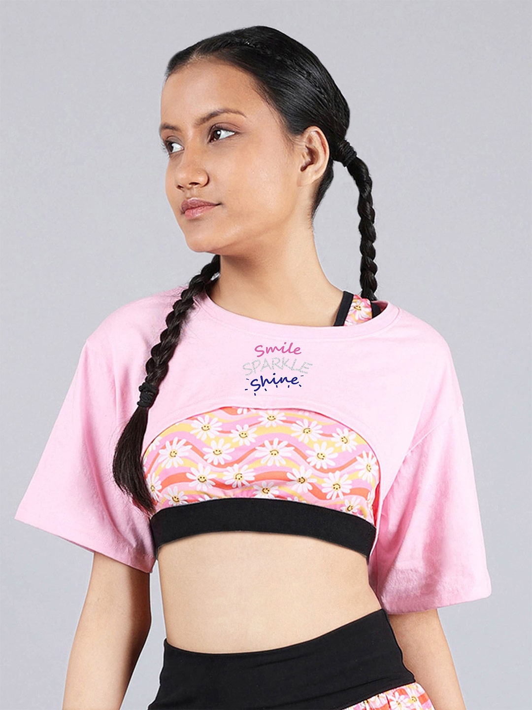 

DChica Girls Typography Drop-Shoulder Sleeves Slim Crop Sports T-shirt, Pink