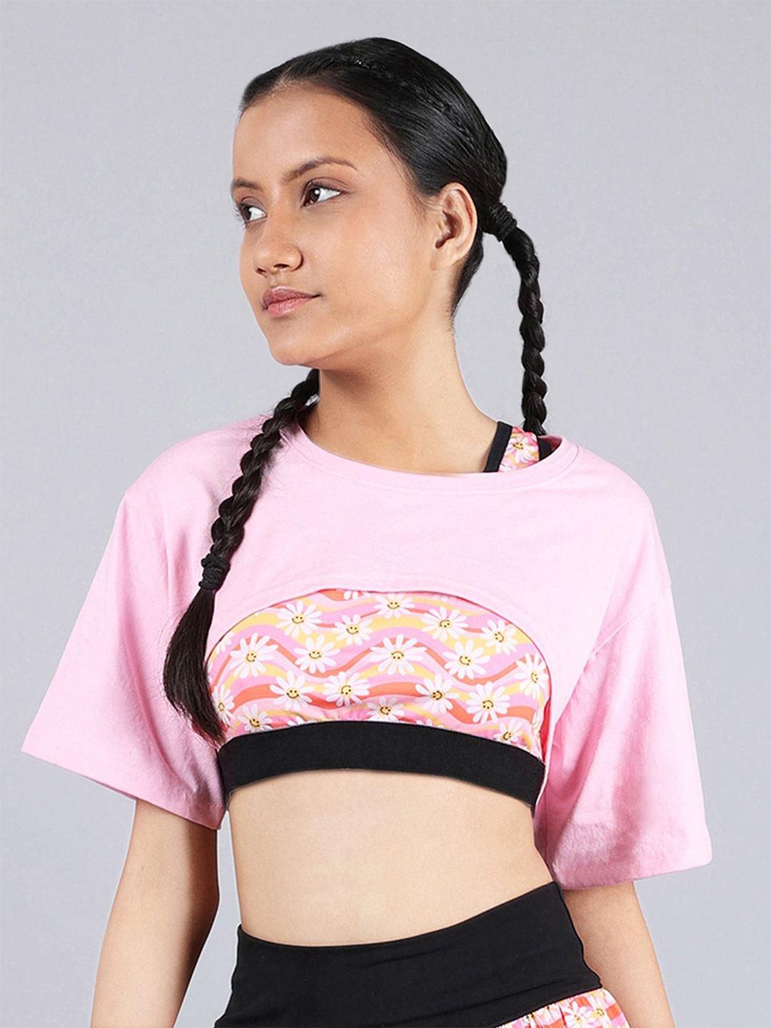 

DChica Girls Drop-Shoulder Sleeves Cotton Slim Fit Crop Sports T-shirt, Pink