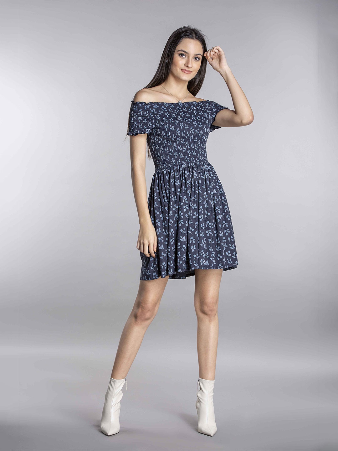 

MKOAL Floral Printed Off-Shoulder Pure Cotton Fit & Flare Mini Dress, Navy blue