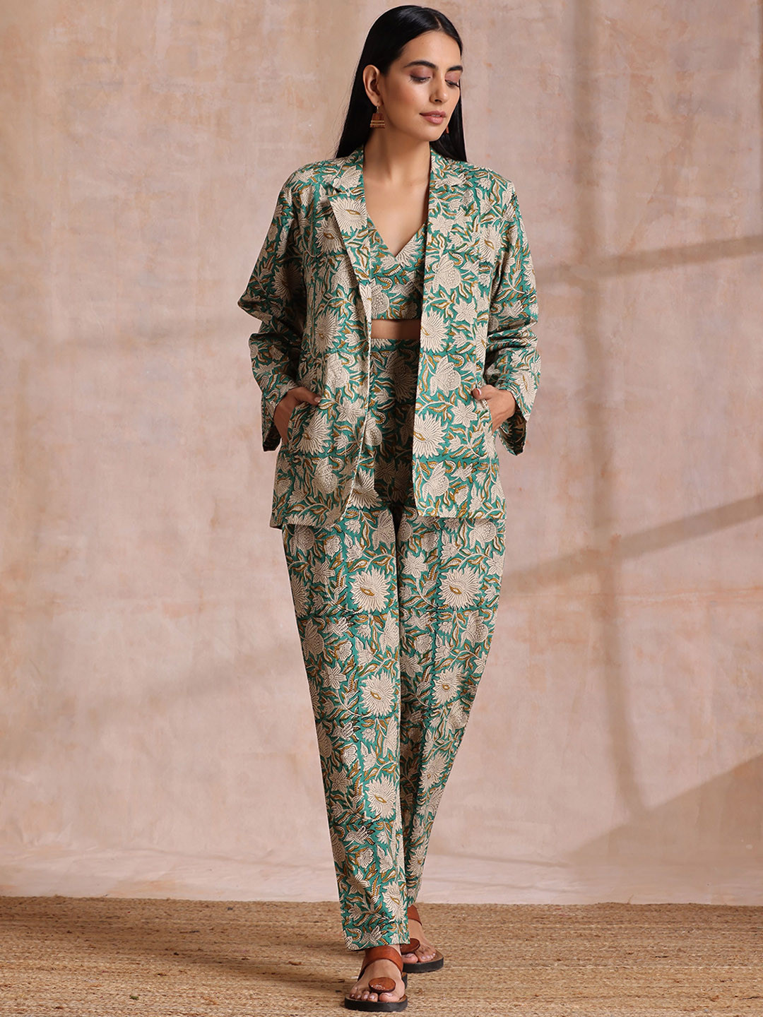 

trueBrowns Floral Block Printed Pure Cotton Top & Trouser With Jacket Set, Green