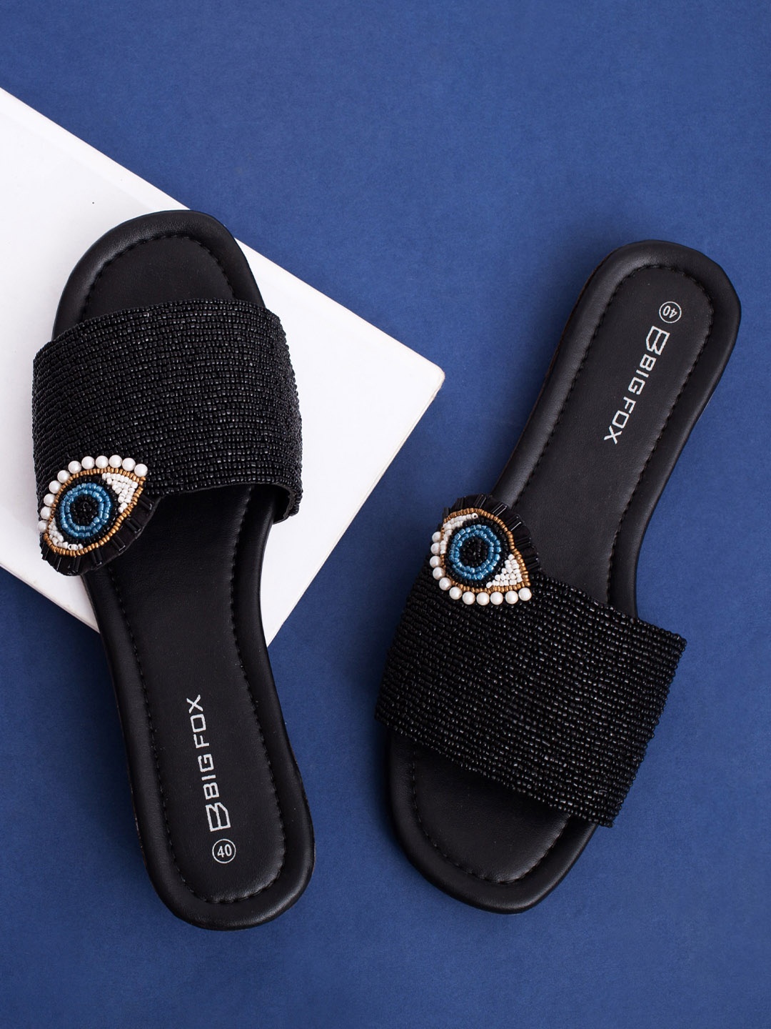 

Big Fox Women Embellished Synthetic Open Toe Flats, Black