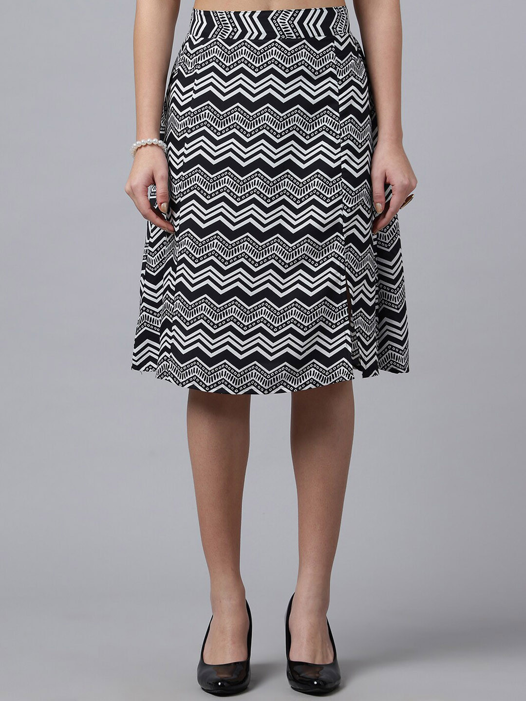 

Purple Feather Geometric Printed Knee Length A-Line Skirt, Black
