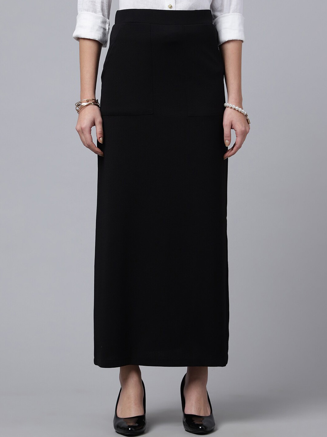 

Purple Feather Stretchable A-Line Maxi Skirt, Black