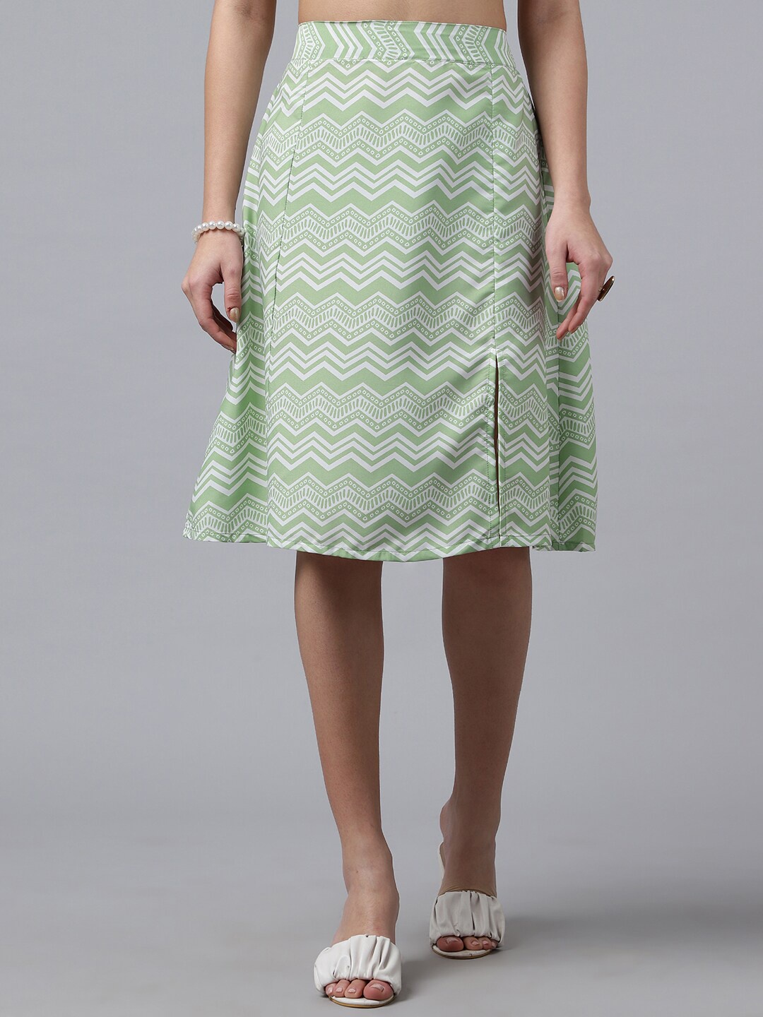 

Purple Feather Printed A-Line Knee Length Skirt, Green