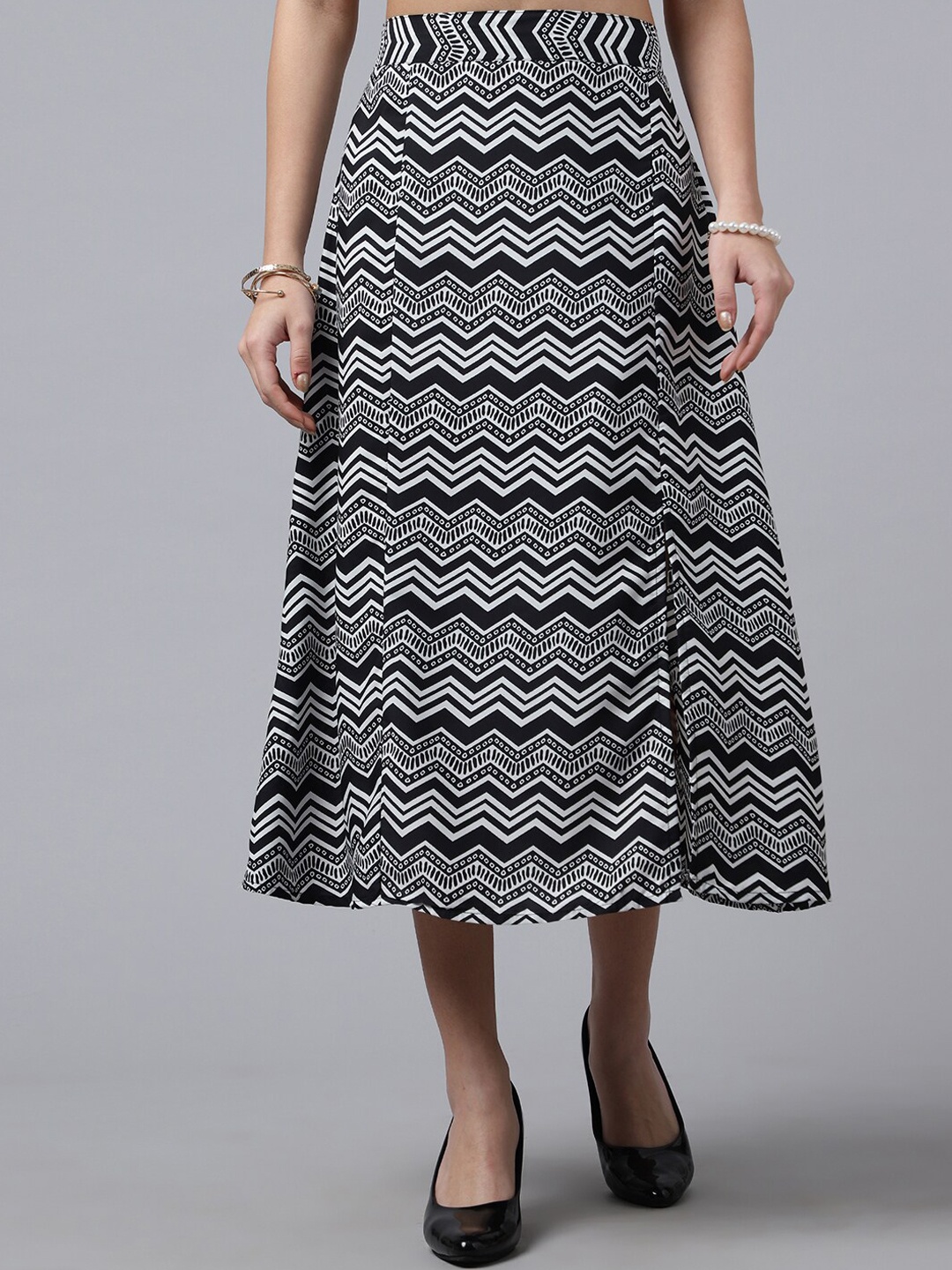 

Purple Feather Geometric Printed A-Line Midi Skirt, Black