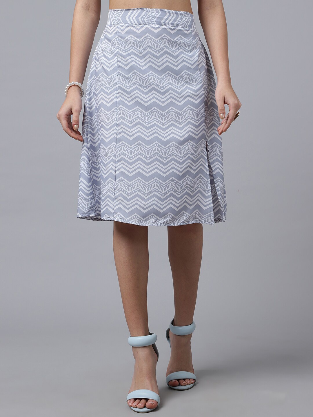 

Purple Feather Geometric Printed Knee Length A-Line Skirt, Grey
