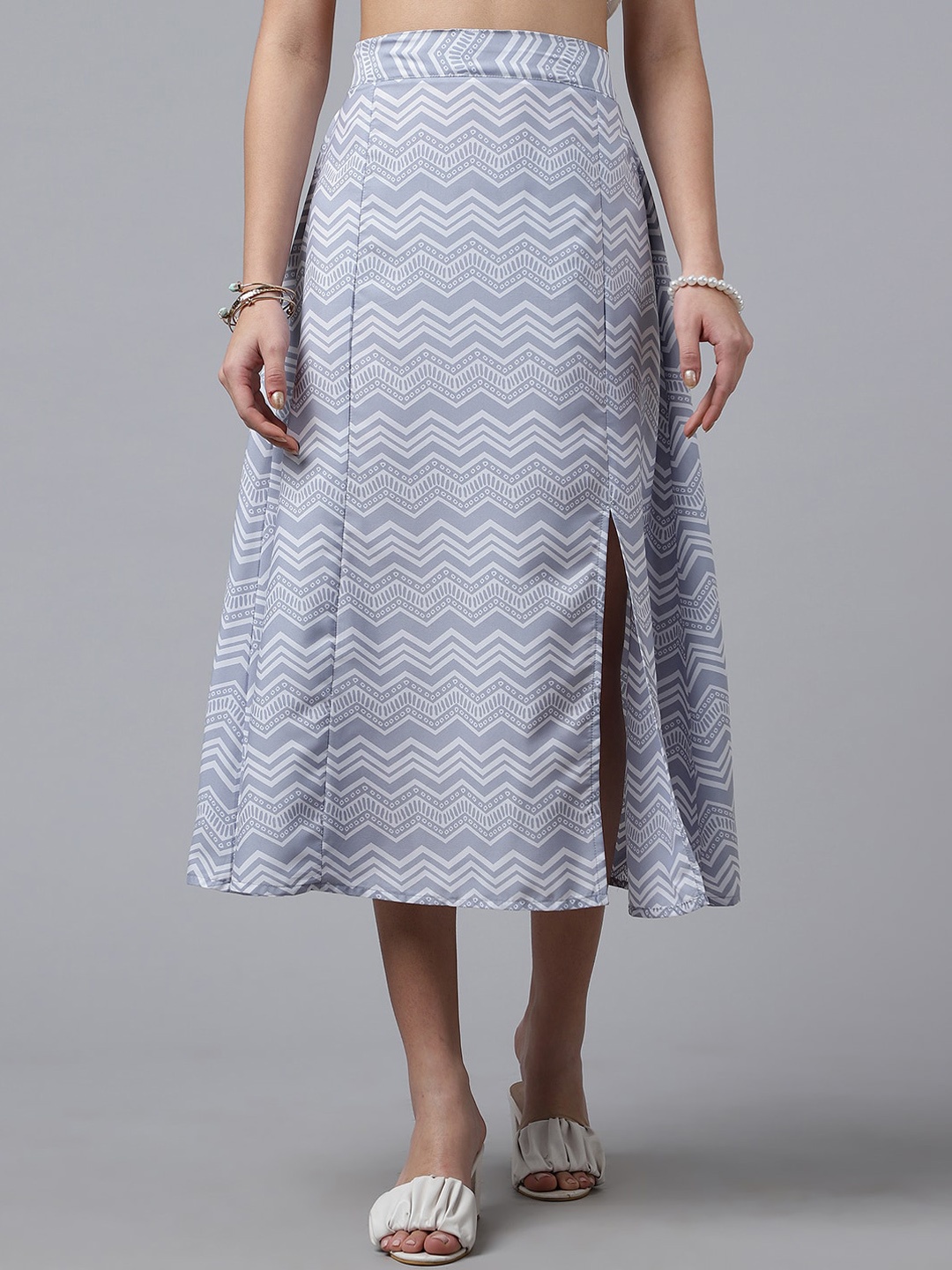 

Purple Feather Geometric Printed A-Line Midi Skirt, Grey