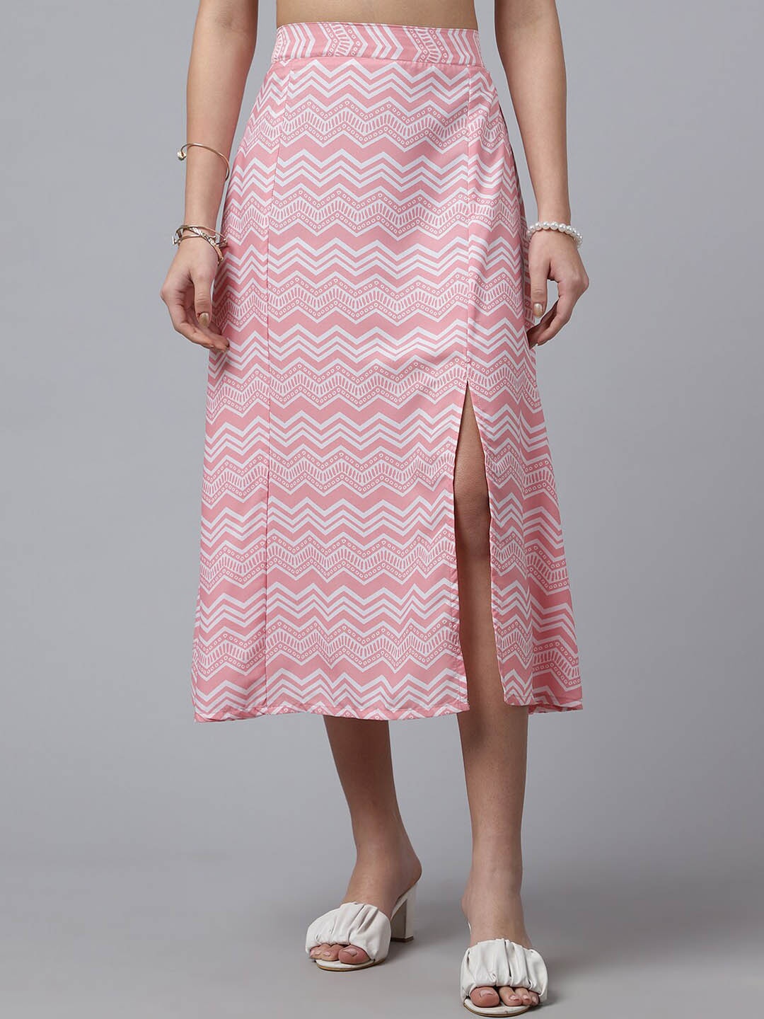 

Purple Feather Geometric Printed A-Line Midi Skirt, Pink