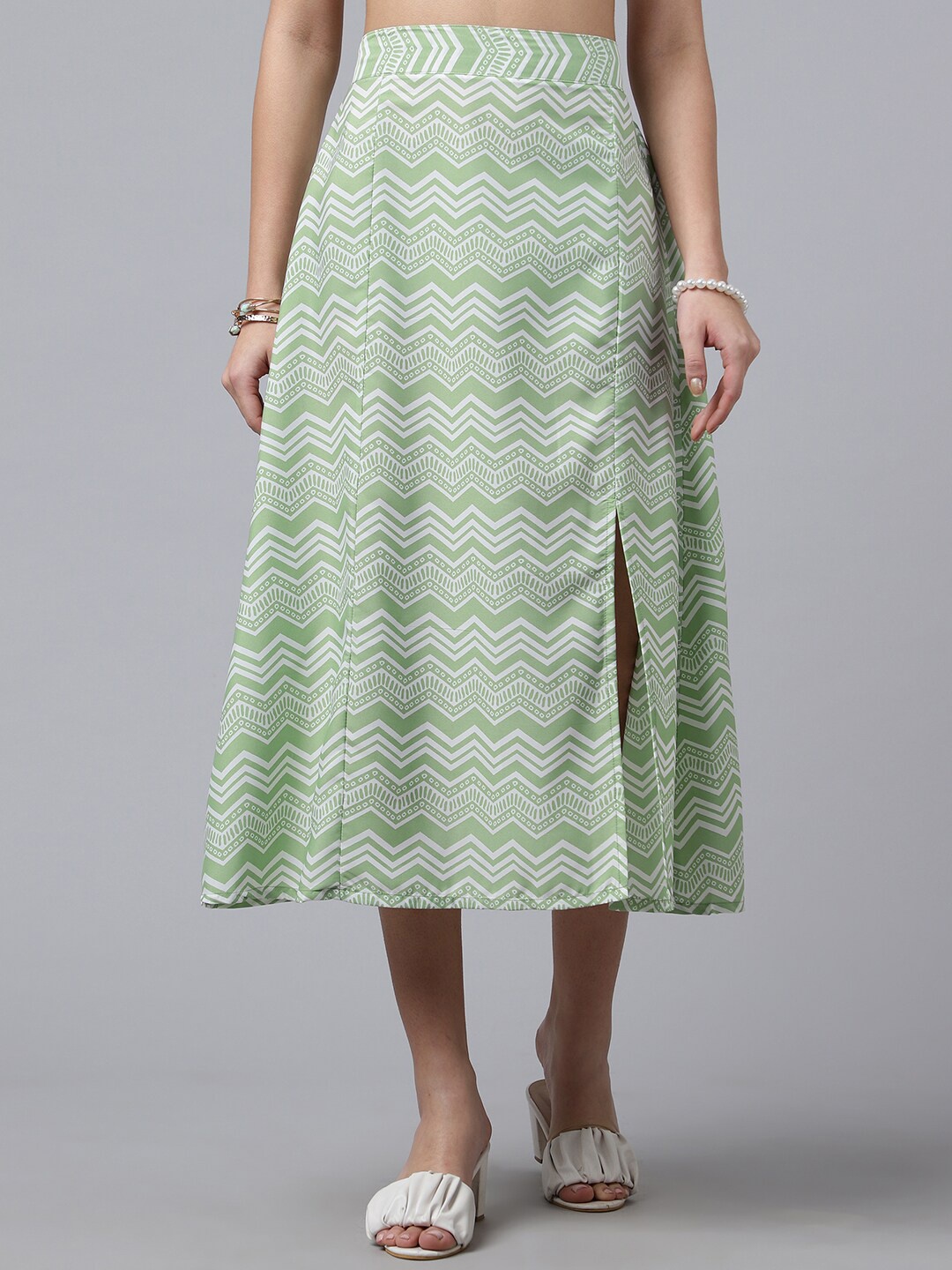 

Purple Feather Geometric Printed A-Line Midi Skirt, Green