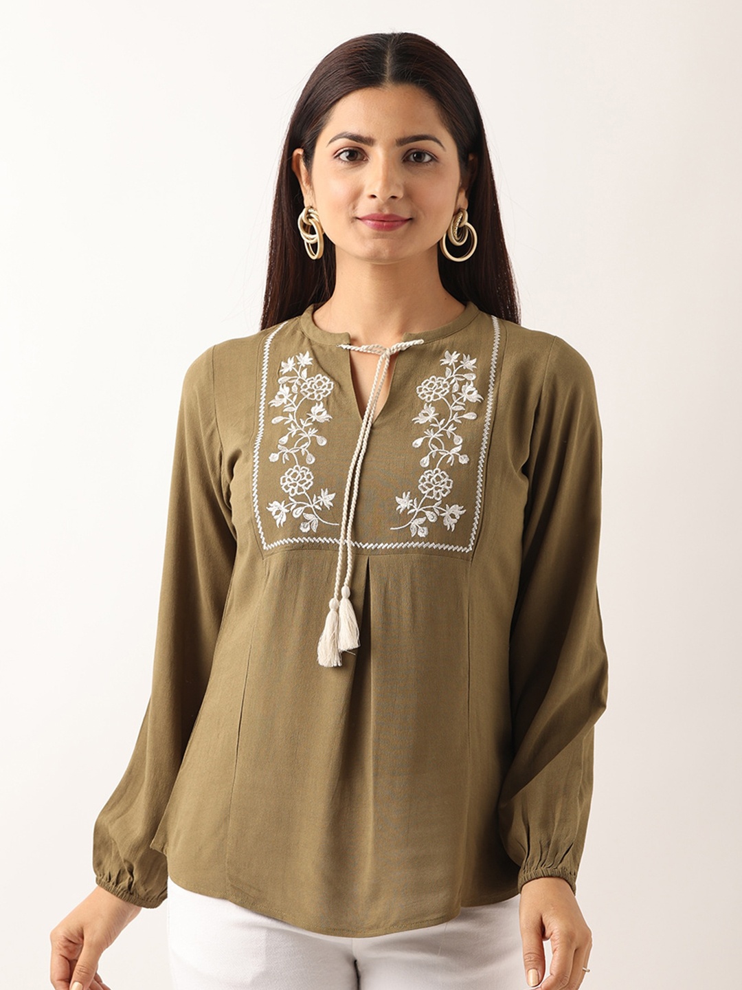 

GLORY & I Olive Green Floral Tie-Up Neck Georgette Top