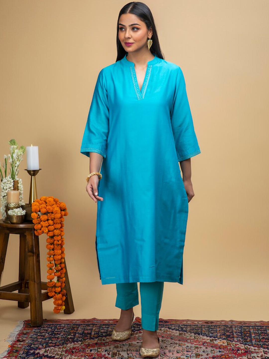 

SMRITI GUPTA Mandarin Collar Regular Chanderi Silk Kurta, Teal