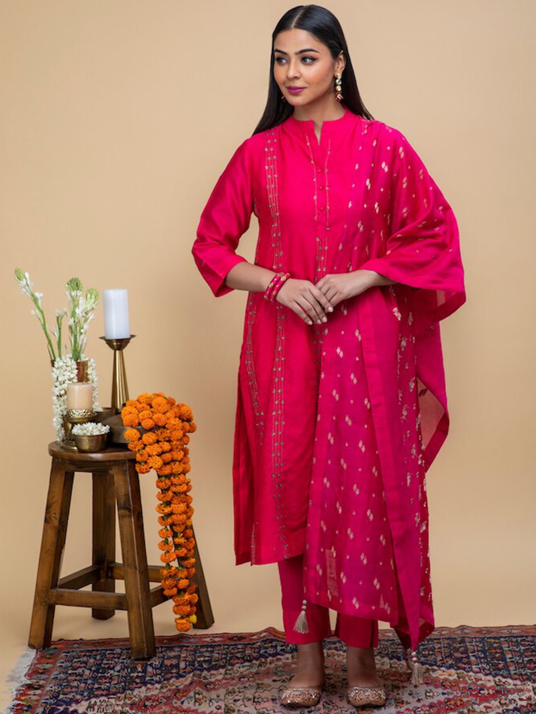 

SMRITI GUPTA Striped Sequined Straight Chanderi Silk Kurta, Fuchsia