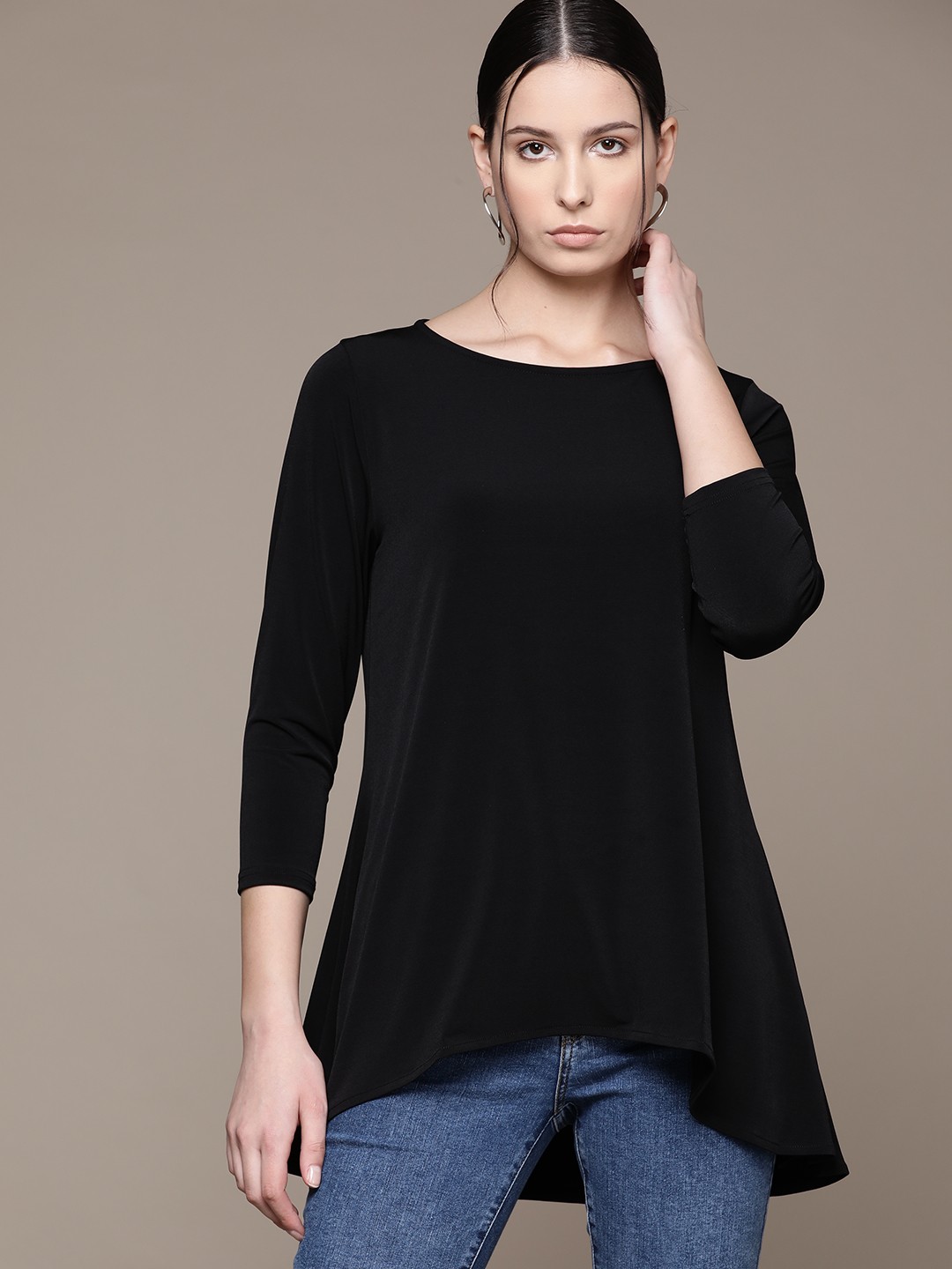 

Macy's Alfani Solid High-Low Hem A-Line Top, Black