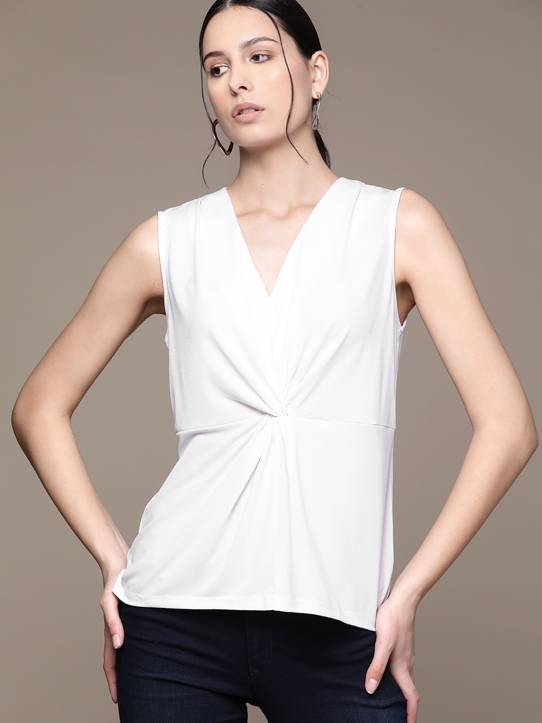 

V-Neck Twisted Sleeveless Solid Top, White