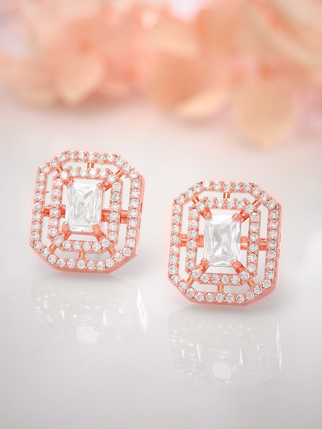 

Rubans Rose Gold Plated Geometric Zircons Studs Earrings, White