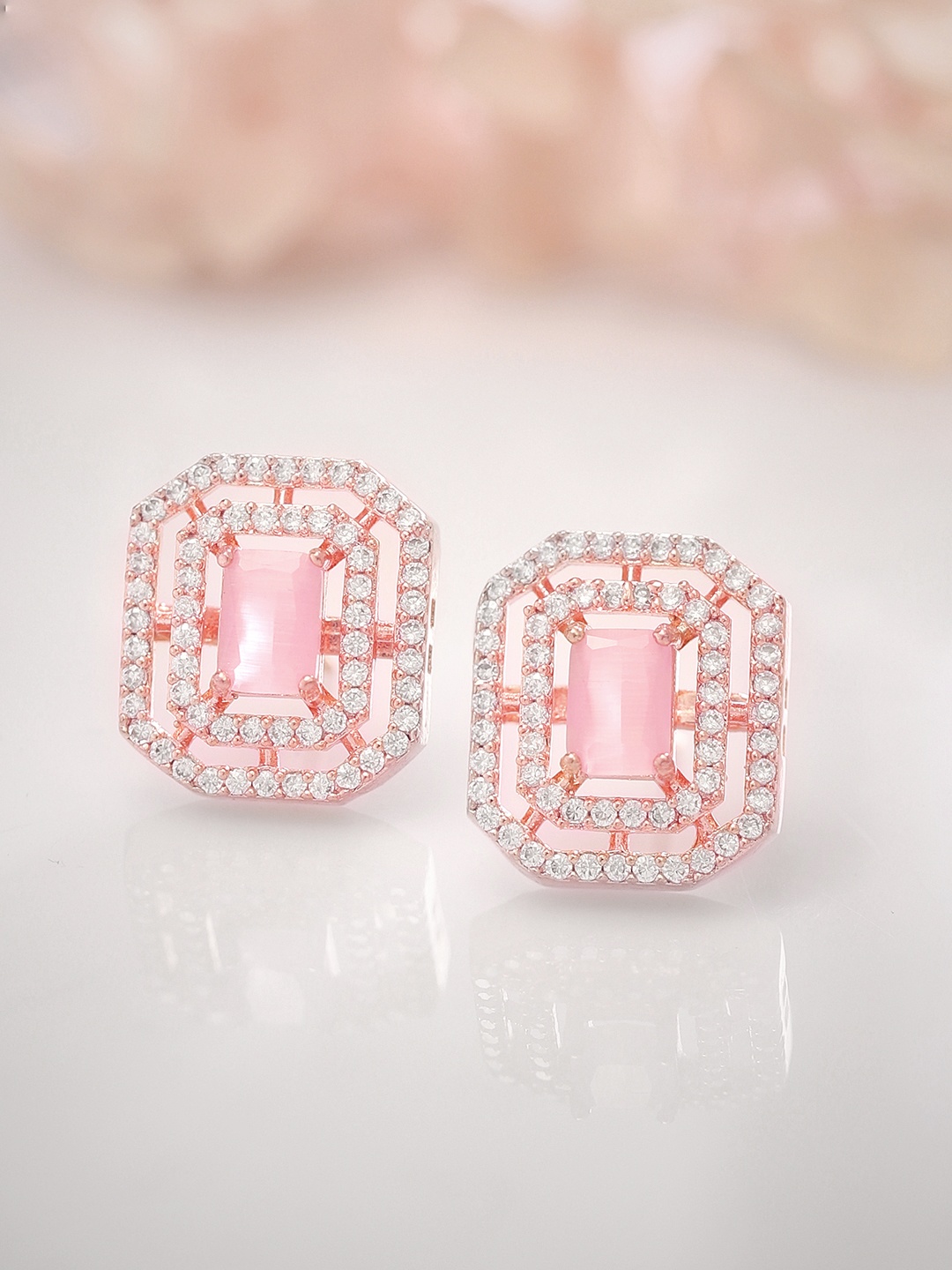 

Rubans Rose Gold Plated Geometric Zircons Studs Earrings, Pink